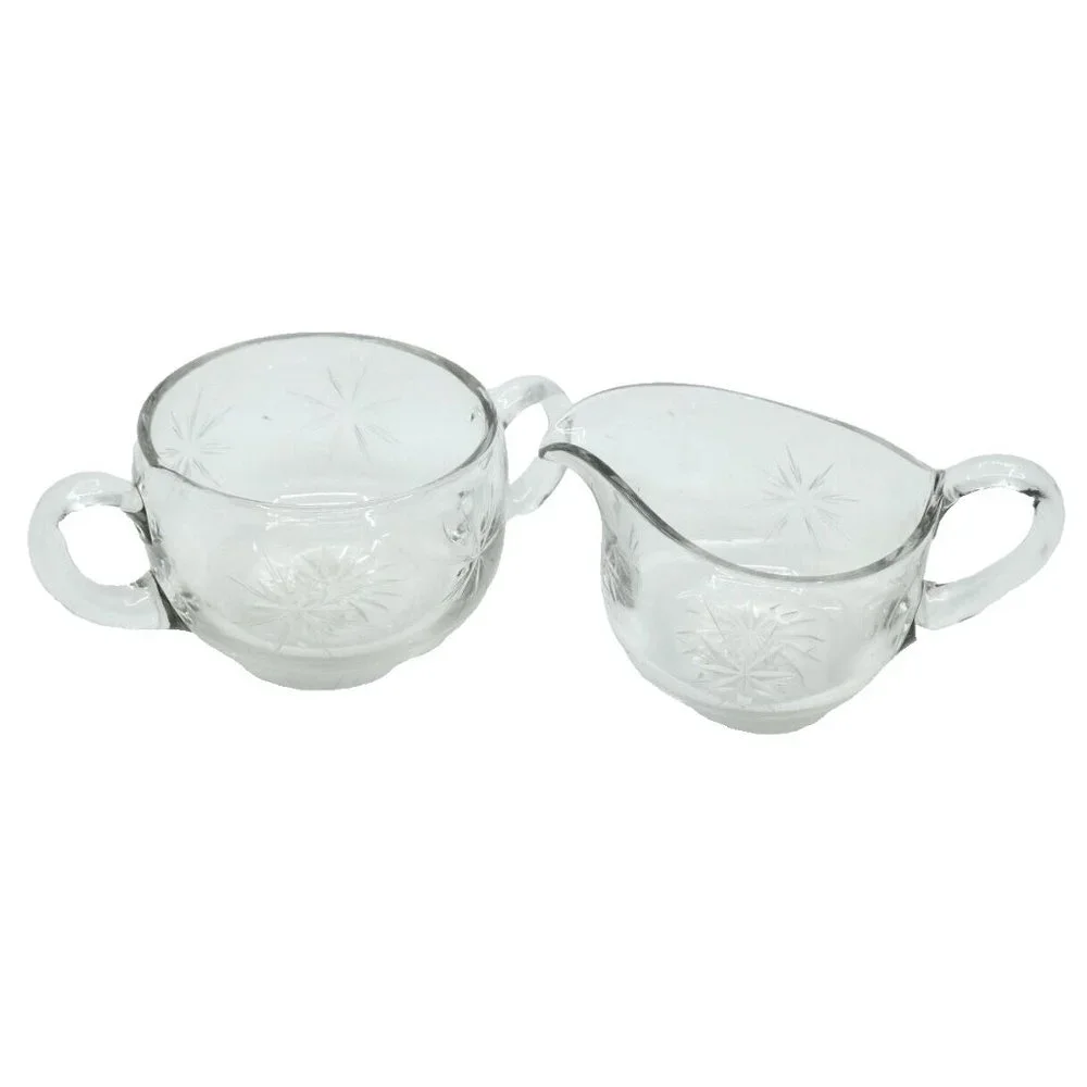 Vintage Mid Century Modern ATOMIC STARBURST Clear Cut Glass Cream & Sugar Set